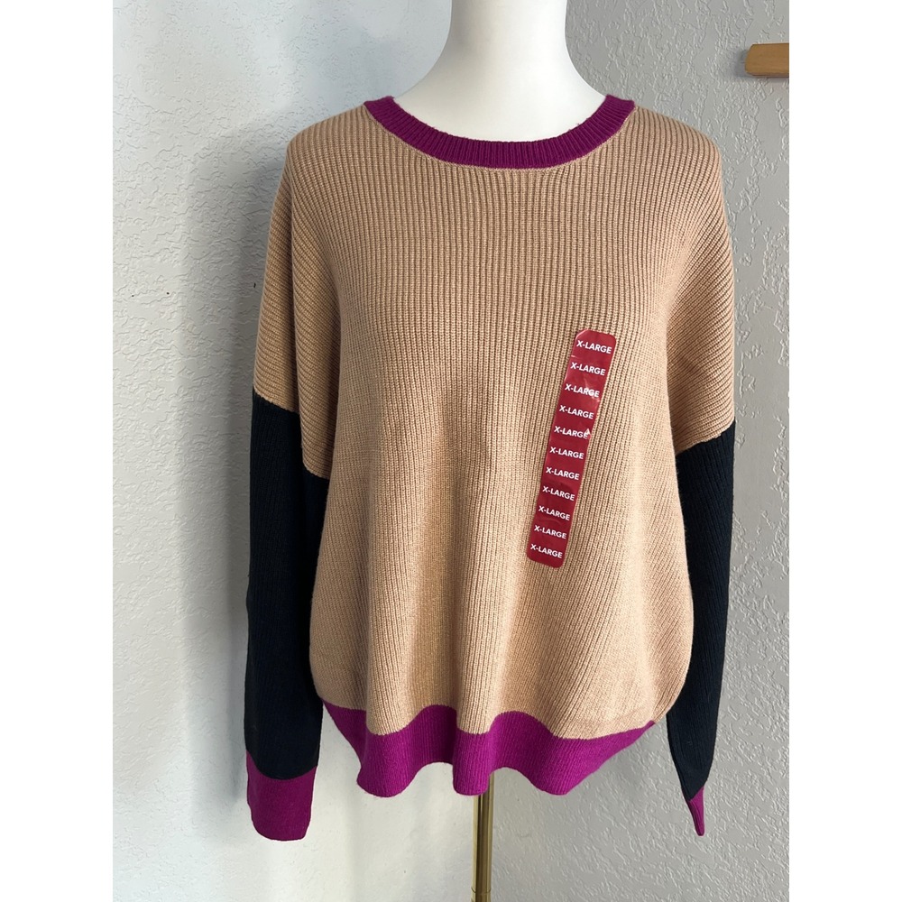 Express Womens Color Block Sweater Tan Black Purple Oversized XL NWT